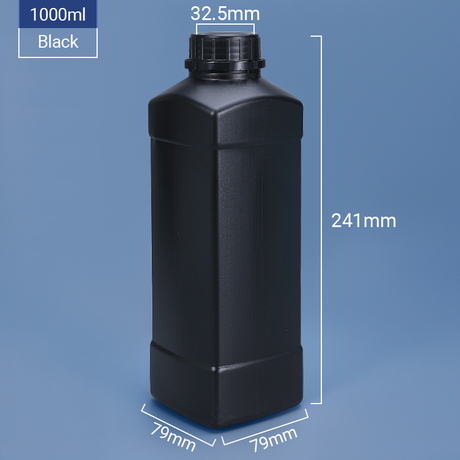 1000 مل 1 لتر زجاجة HDPE بلاستيكية مربعة مع غطاء المسمار واضح العبث- أسود