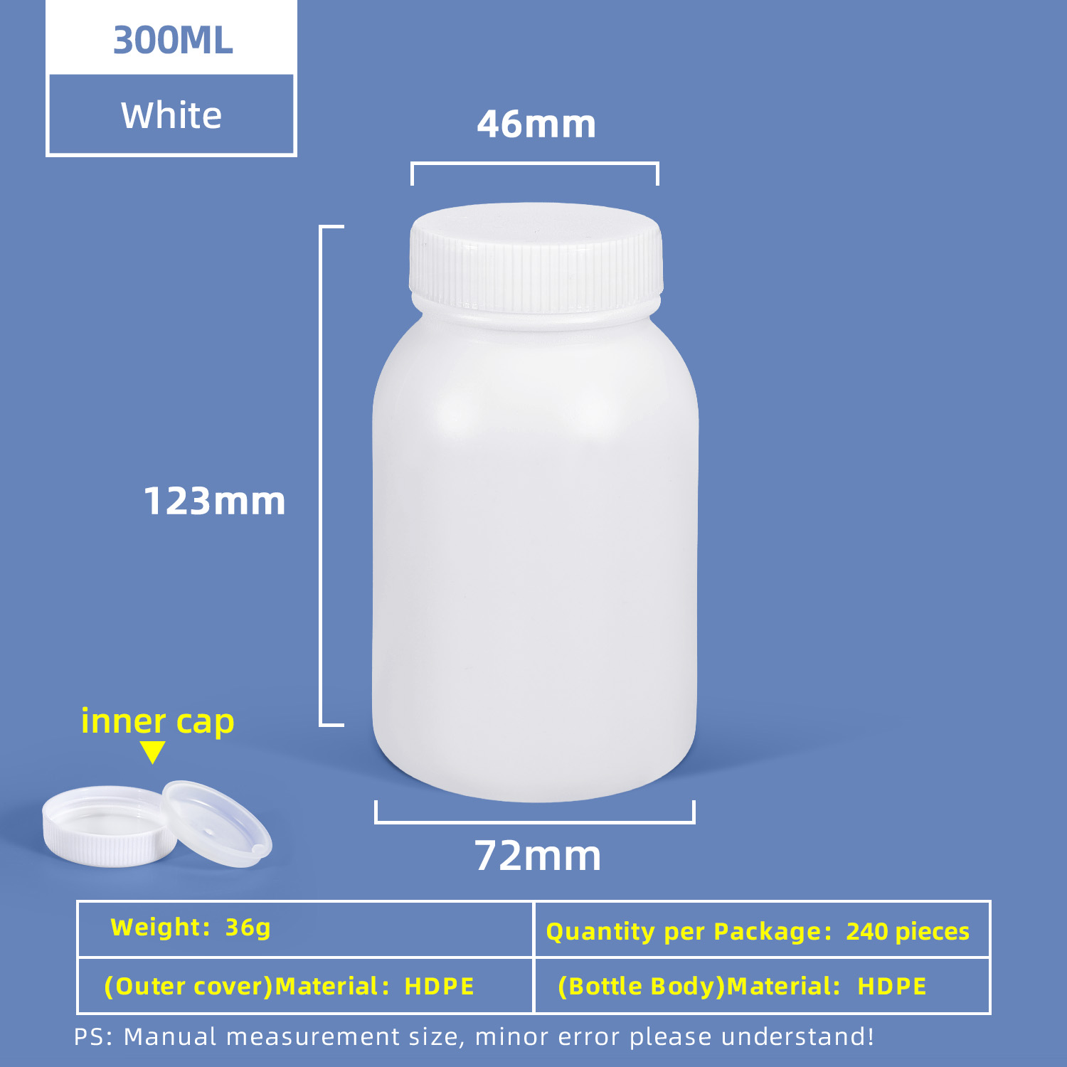زجاجة بلاستيكية ذات فم واسع HDPE سعة 300 مل مع غطاء داخلي مانع للتسرب للاستخدام في المختبر الكيميائي