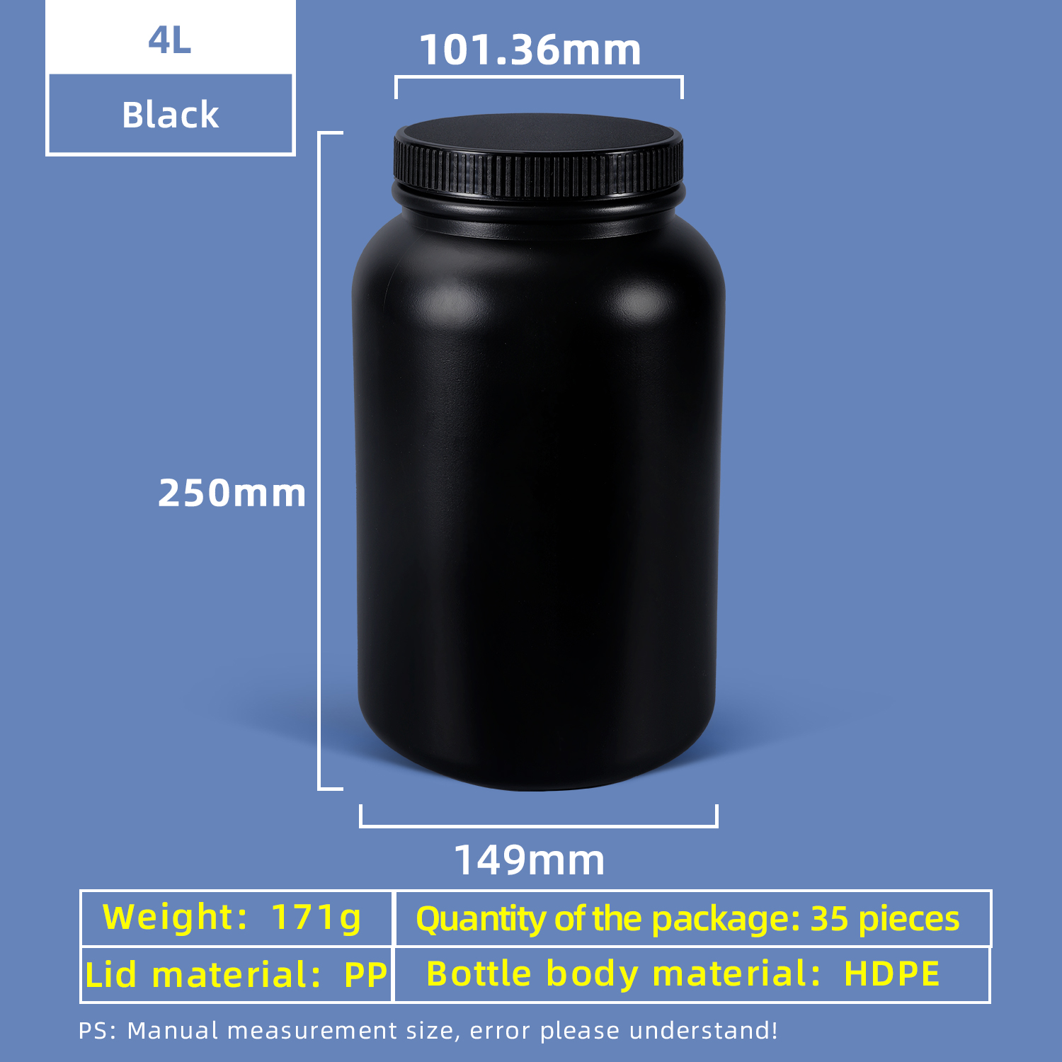 زجاجة بلاستيكية ذات فم واسع 4 لتر HDPE مع غطاء حشية مانعة للتسرب للاستخدام في المختبر الكيميائي