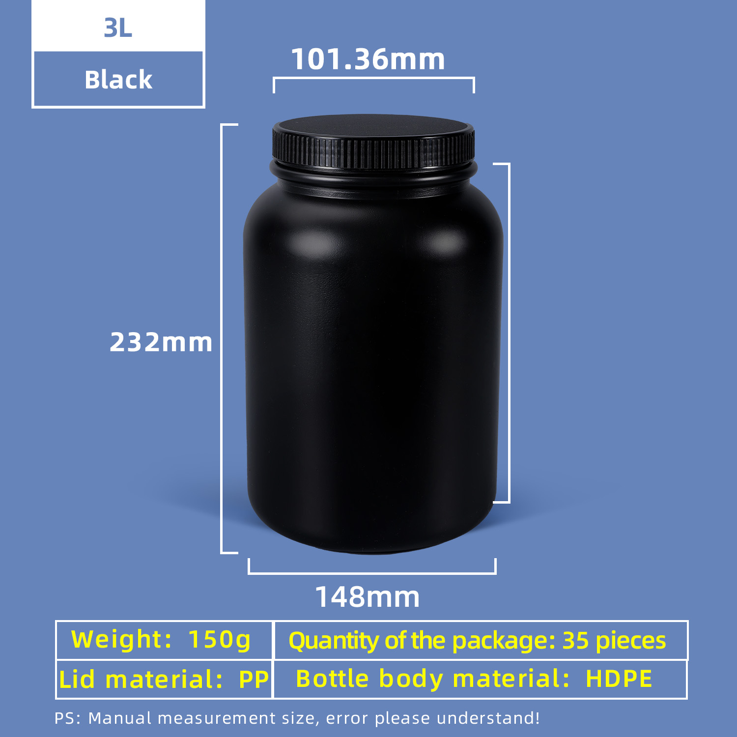زجاجة بلاستيكية ذات فم واسع 3 لتر HDPE مع غطاء حشية مانعة للتسرب للاستخدام في المختبر الكيميائي