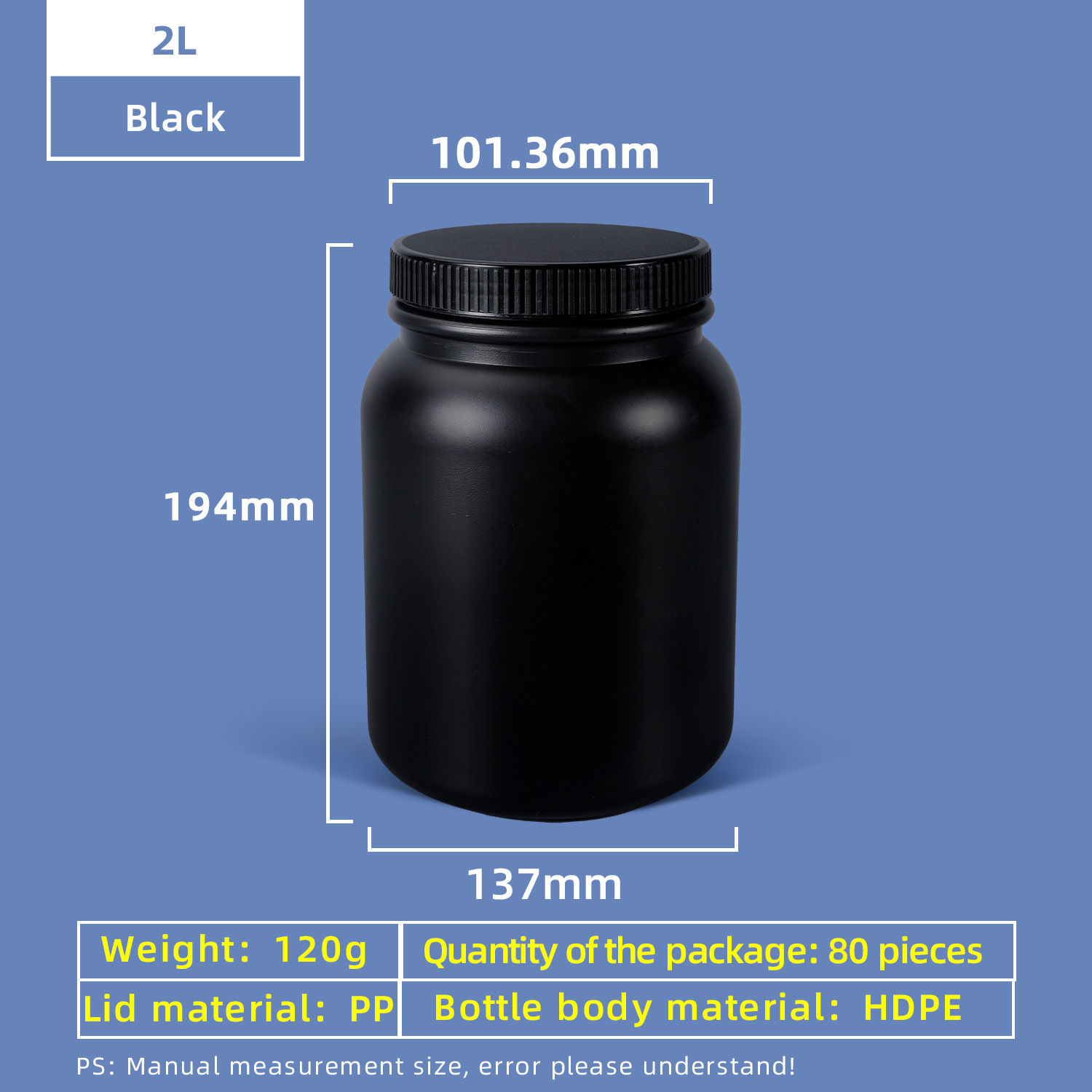 زجاجة بلاستيكية ذات فم واسع 2 لتر HDPE مع غطاء حشية مانعة للتسرب للاستخدام في المختبر الكيميائي