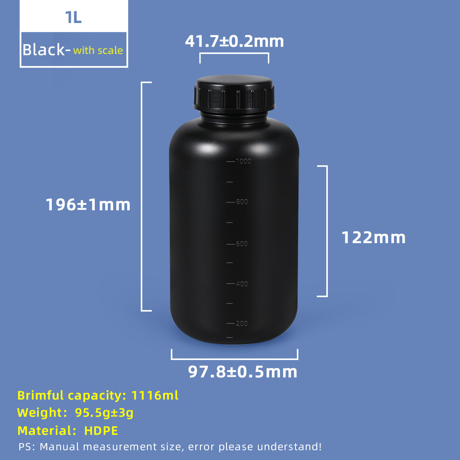 زجاجة بلاستيكية ذات فتحة واسعة سعة 1 لتر HDPE مع خط مقياس وغطاء داخلي