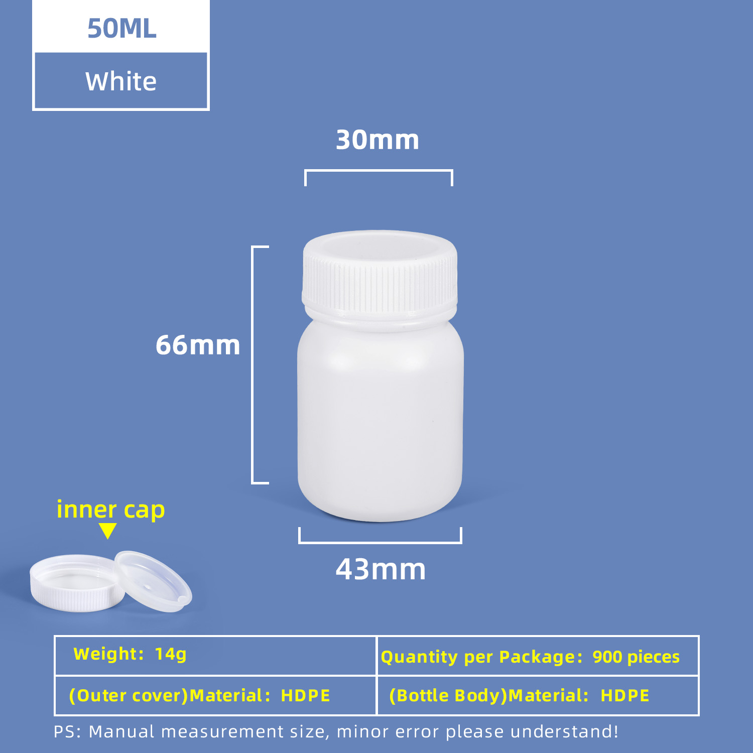 زجاجة بلاستيكية ذات فم واسع HDPE سعة 50 مل مع غطاء داخلي مانع للتسرب للاستخدام في المختبر الكيميائي