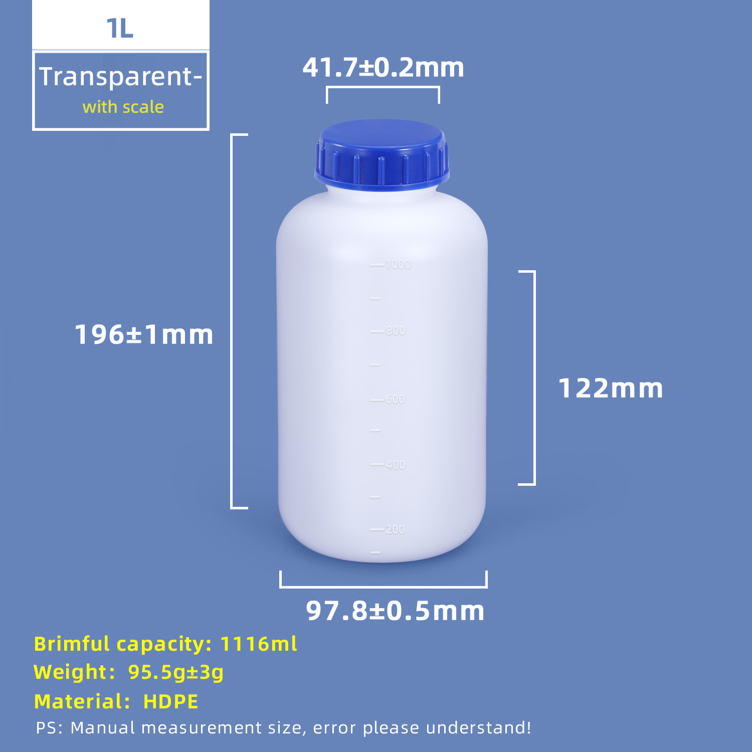 زجاجة بلاستيكية ذات فتحة واسعة سعة 1 لتر HDPE مع خط مقياس وغطاء داخلي